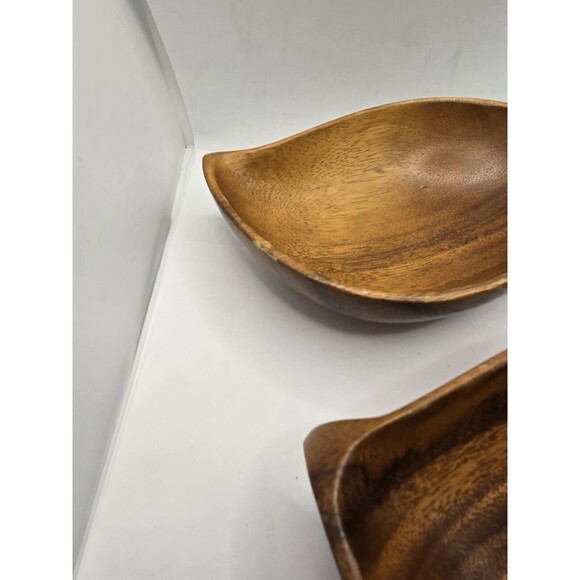 Vintage Monkey Pod Hardwood Hawaii Hand Carved Bowl Leaf 1950s Pair - Picture 3 of 10